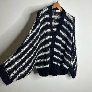 AG Wool Mohair Open Knit Relaxed Fit Slouchy Black White Cardigan Sweater Size S